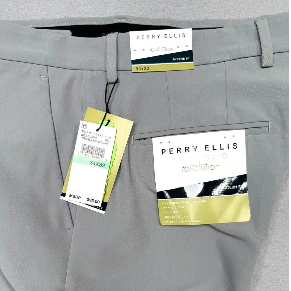 Perry Ellis Portfolio Men's Modern-Fit Stretch Pants Chiseled Stone 34x32 $95